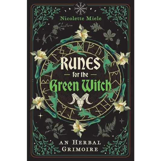 Book cover of 'Runes for the Green Witch' with herbal design elements.