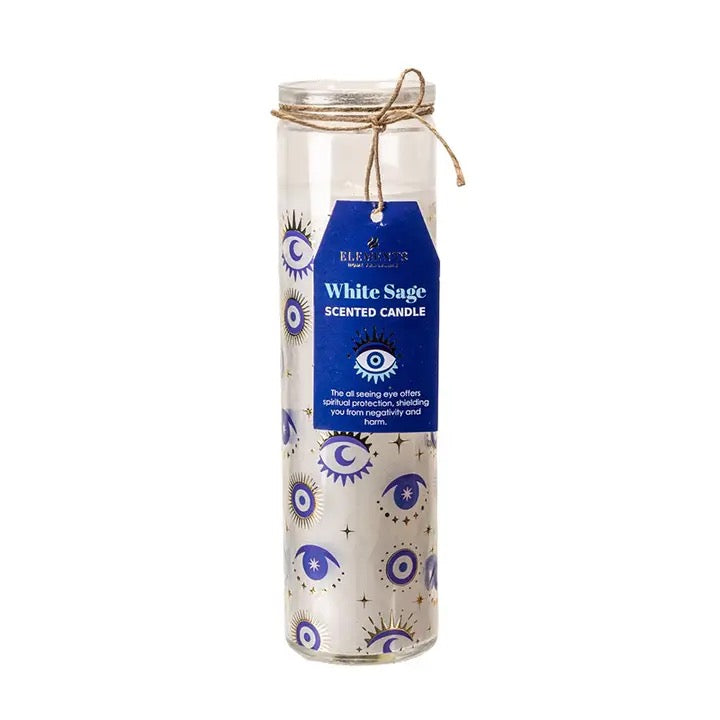 A tall glass jar candle with a clear lid and twine bow, featuring a blue label that reads 'White Sage Scented Candle' and decorated with blue eye and moon motifs on a white wax inside.