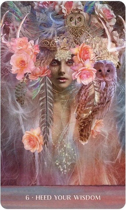 Futuristic woman with owls and flowers on a mystical card