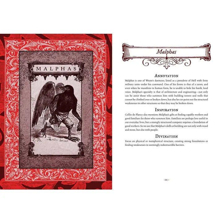 Book page with a tarot card-style illustration of 'Malphas' on a red border.