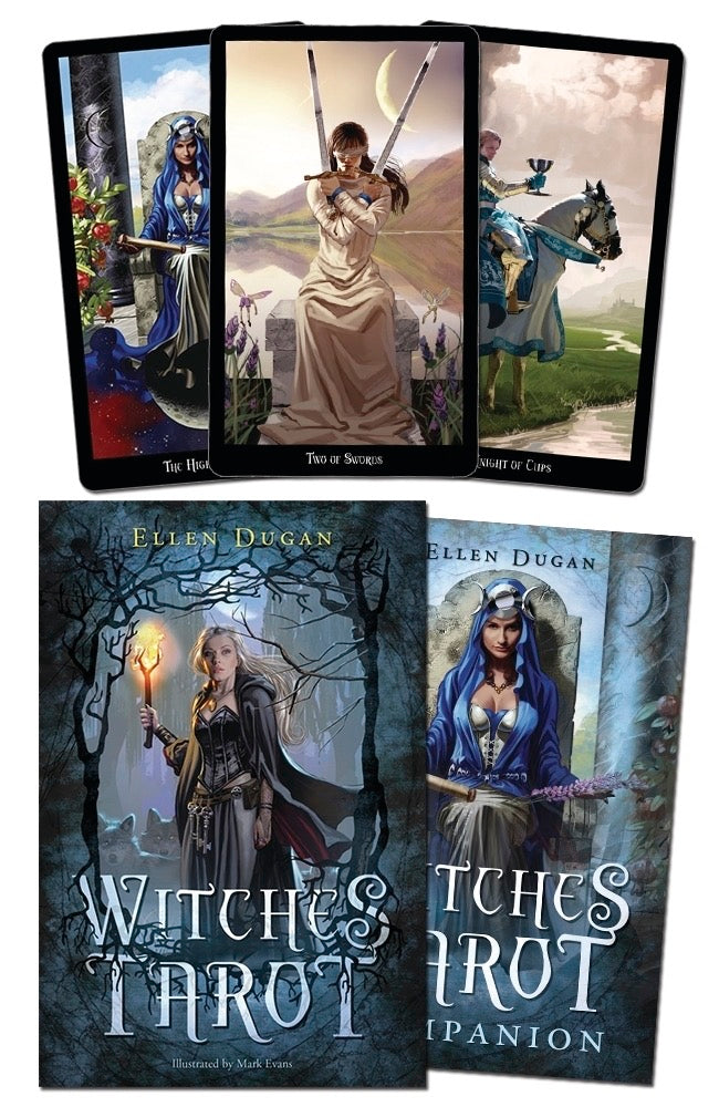 Witches Tarot cards by Ellen Dugan with tarot card illustrations and book covers.