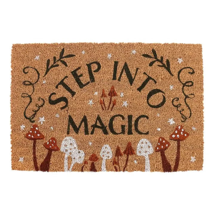 Doormat with 'Step into Magic' text and mushroom designs on a white background