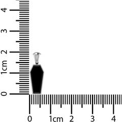 Small black object with a silver cap on a ruler for scale