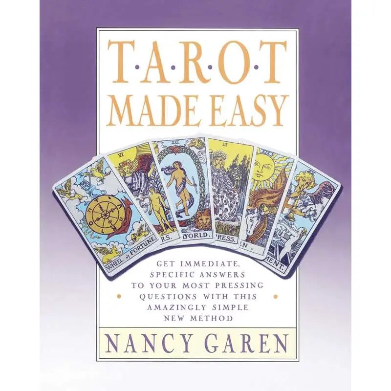 Book cover of 'Tarot Made Easy' by Nancy Garen with tarot cards on a purple background