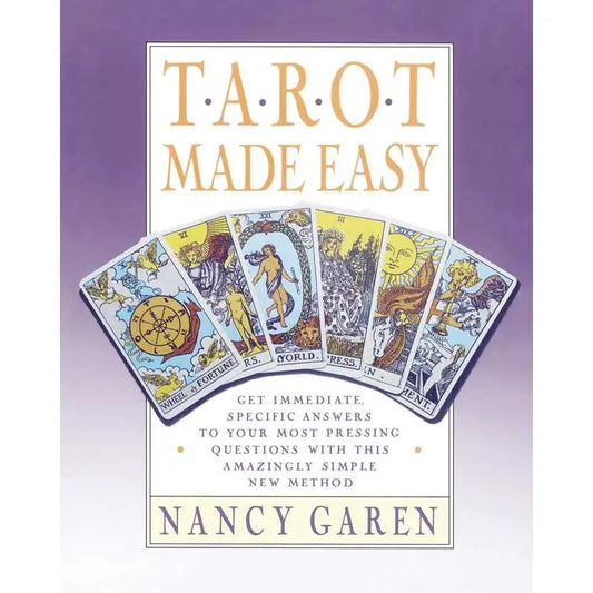 Book cover of 'Tarot Made Easy' by Nancy Garen with tarot cards on a purple background