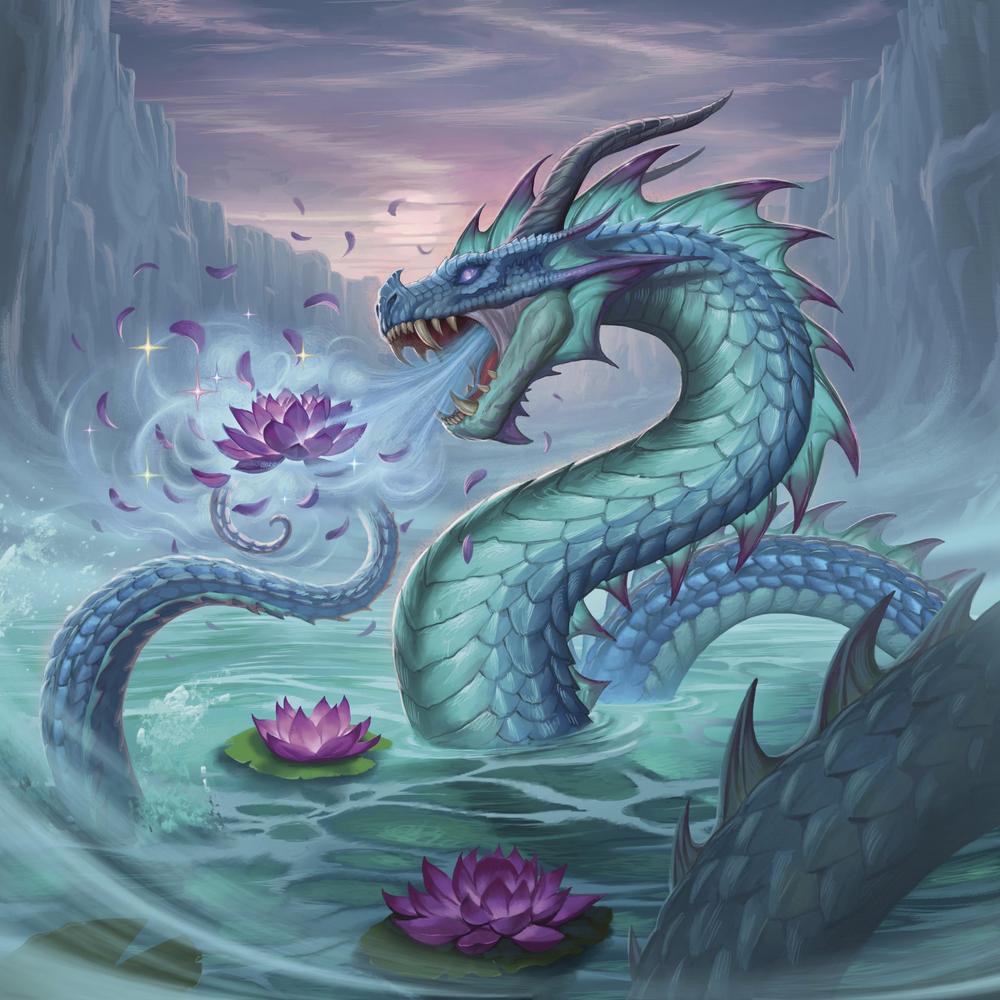 Dragon breathing fire into a purple lotus flower with a mystical sky background