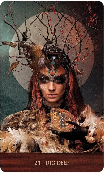 Card with a mystical figure holding a crystal ball, surrounded by nature elements, with '24 - Dig Deep' text at the bottom.