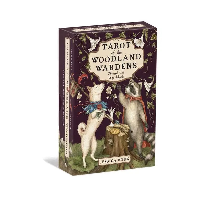Tarot of the Woodland Wardens packaging with illustrations of animals and text on a white background