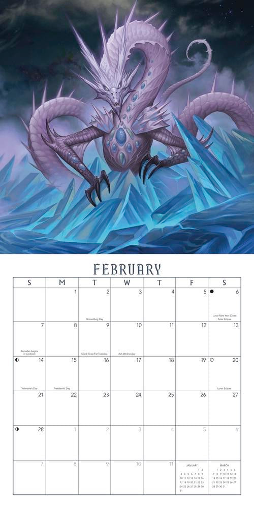 Calendar page for February with a dragon illustration on a dark background
