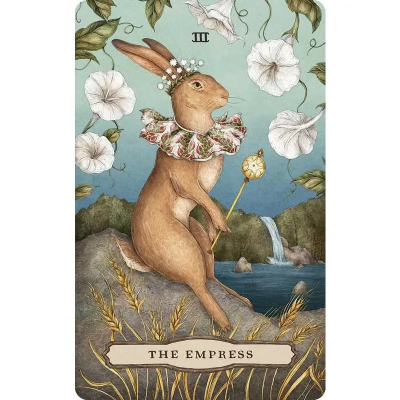 Card featuring a rabbit with floral decorations, titled 'The Empress', against a nature-themed background.