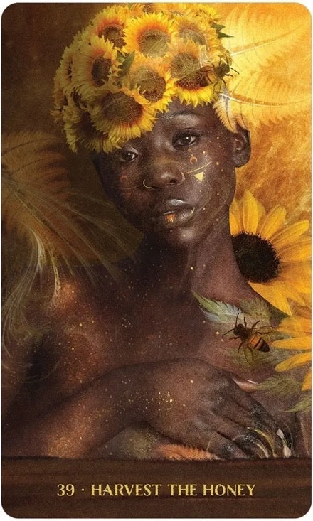 Card with a person holding a sunflower, wearing a sunflower headpiece, and a bee on their hand, with 'Harvest the Honey' text at the bottom.