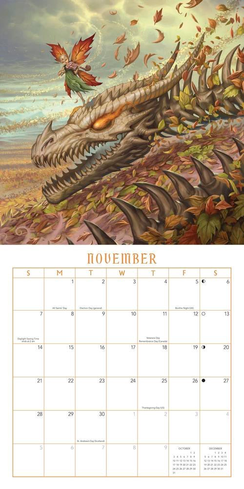 Calendar page for November with a dragon and fairy illustration.
