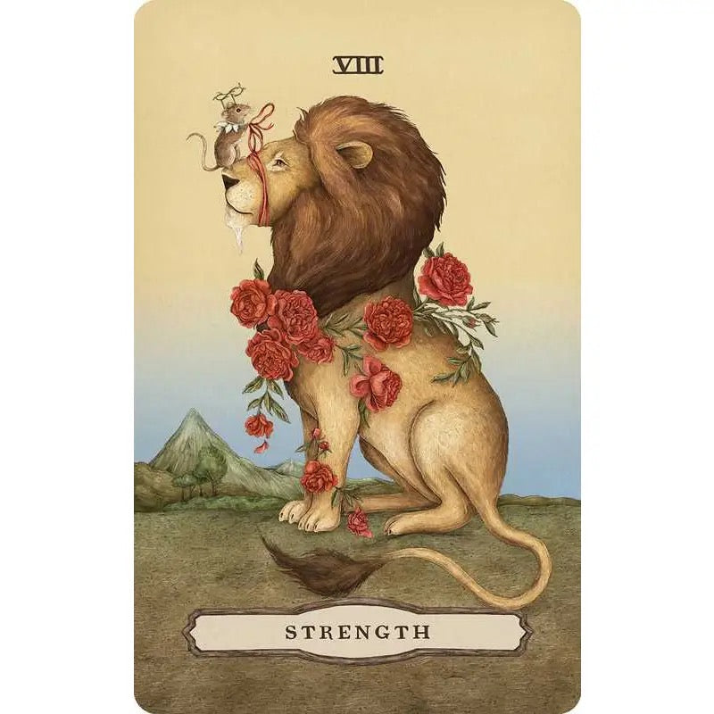 Tarot card featuring a lion with flowers and a mouse, titled 'Strength'.