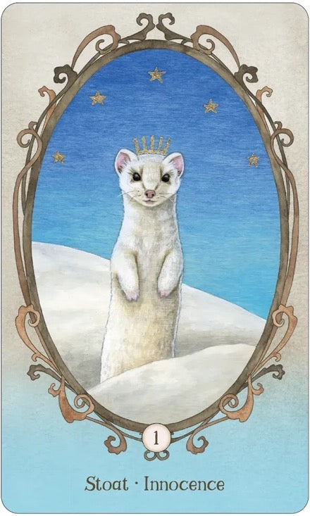 Card featuring a stoat with a crown against a blue sky, labeled 'Stoat - Innocence'.