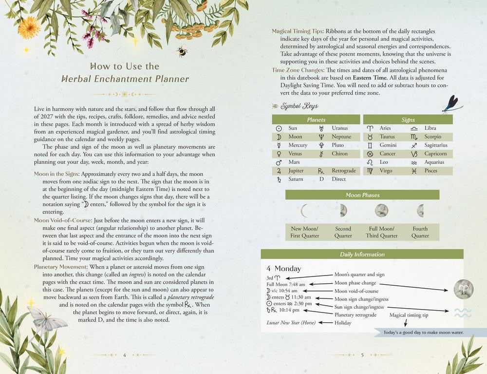 Herbal Enchantment Planner with astrological and herbal information, surrounded by decorative elements.