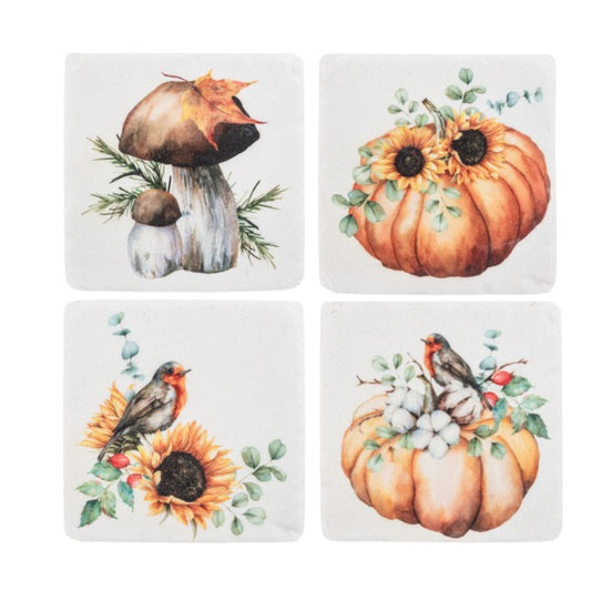 Set of four coasters with autumn-themed designs including pumpkins, mushrooms, and sunflowers.