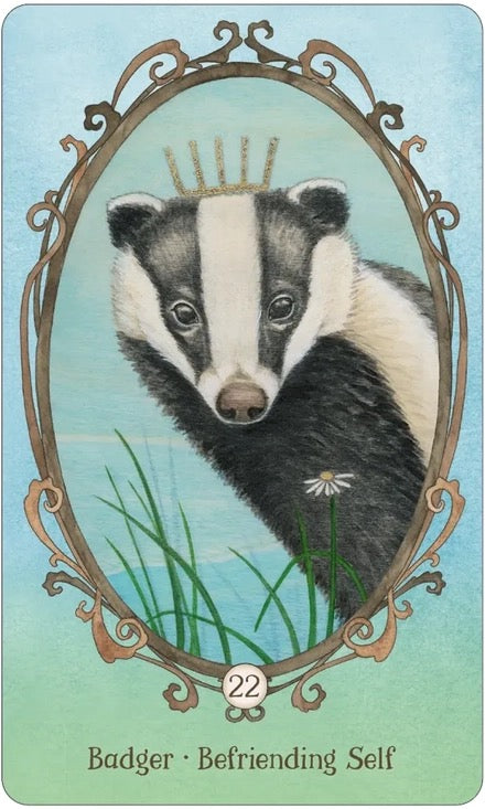 Badger with a crown in an ornate frame on a blue background