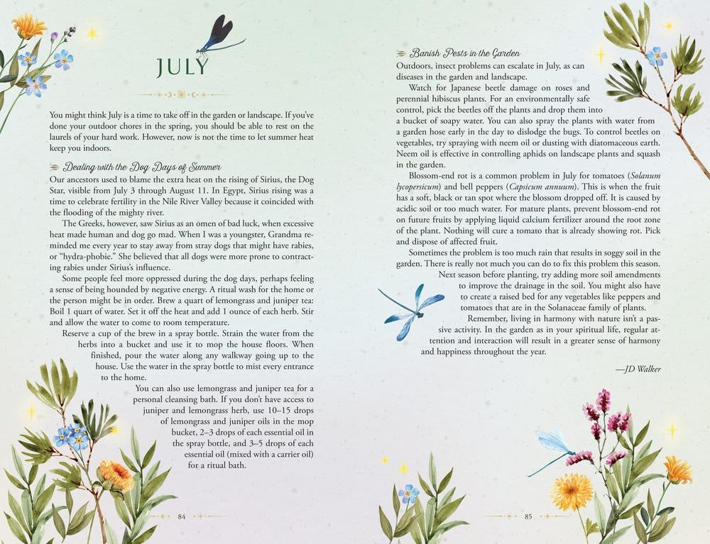 A decorative July-themed printable or card featuring two columns of text surrounded by watercolor botanical illustrations of leaves, flowers, and a sunflower at the top.