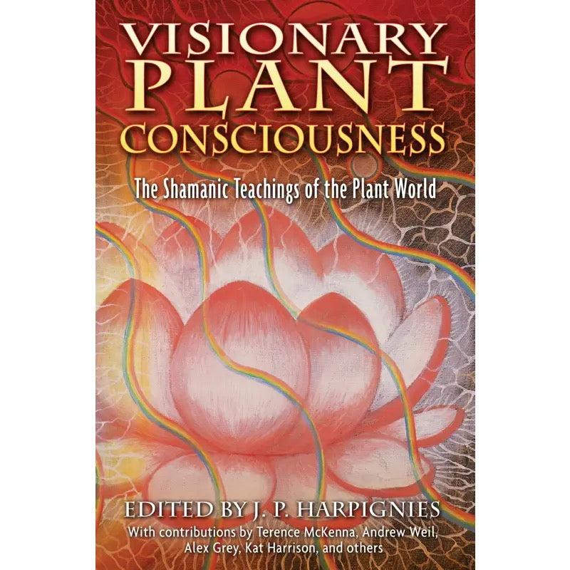 Book cover of 'Visionary Plant Consciousness' with a lotus flower design on a red background.