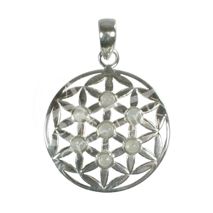 Pendant Flower of Life Rainbow Moonstone on a white background