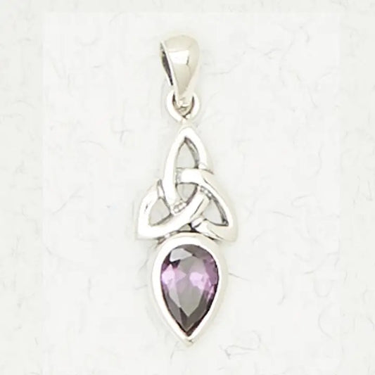 Silver pendant with a purple gemstone on a white background