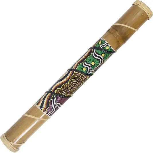 Decorative bamboo rain Stick with Aboriginal art on a white background