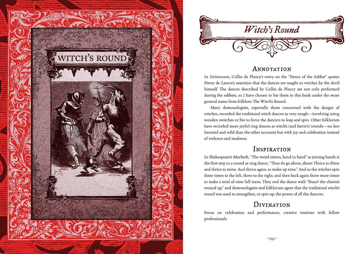 Book page with illustration and text on a red decorative border