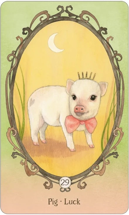 Illustration of a pig with a pink bow tie and crown, framed within an ornate border on a yellow background.