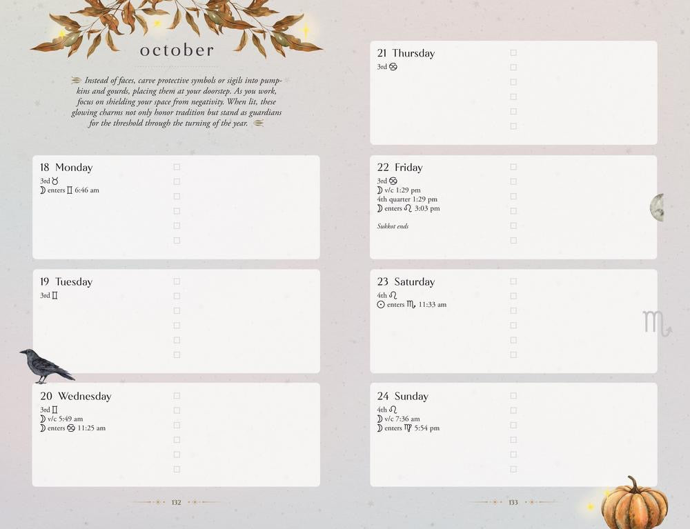 A printed October planner spread with decorative autumn leaves at the top, a short quote, and weekly schedule boxes for Monday through Sunday. The page has a soft beige background with a small bird illustration on the left and a pumpkin illustration at the bottom right.
