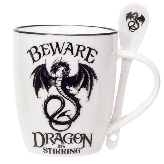 White mug with black dragon design and text 'Beware Dragon is Stirring' on a white background