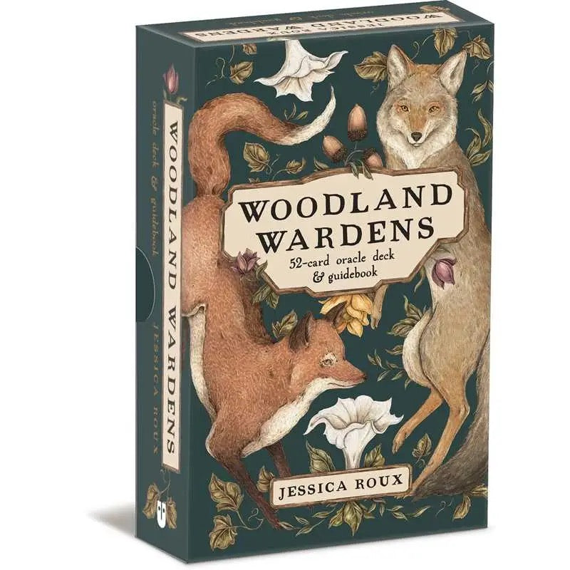 Woodland Wardens oracle deck packaging with foxes and flowers on a dark green background