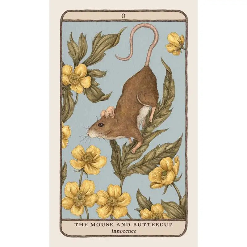 Illustration of a mouse and buttercup flowers on a card with text 'The Mouse and Buttercup'.
