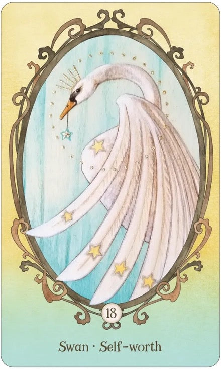 Card featuring a swan with stars and decorative frame, labeled 'Swan - Self-worth'.