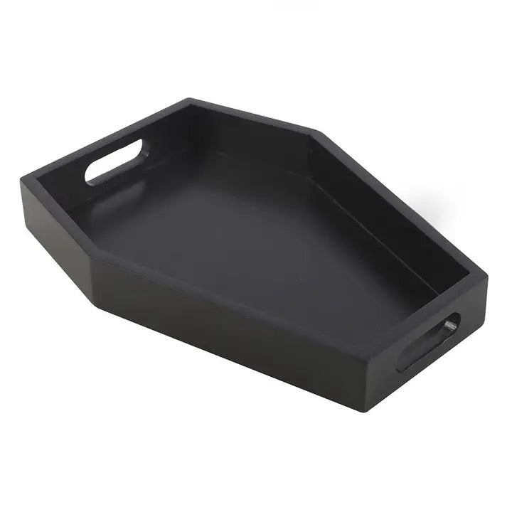 Black rectangular tray with handles on a white background