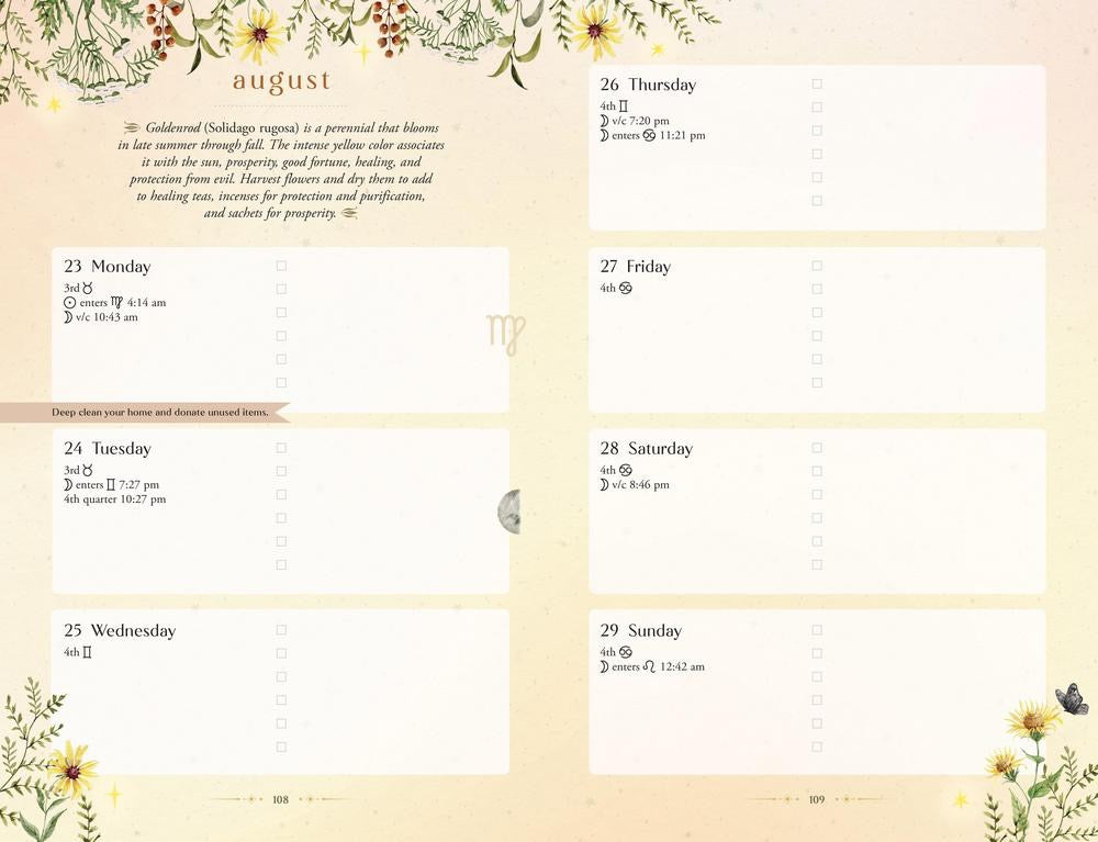 Calendar page for August with floral designs and text on a beige background