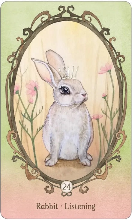 Illustration of a rabbit with flowers in an ornate frame on a pastel background