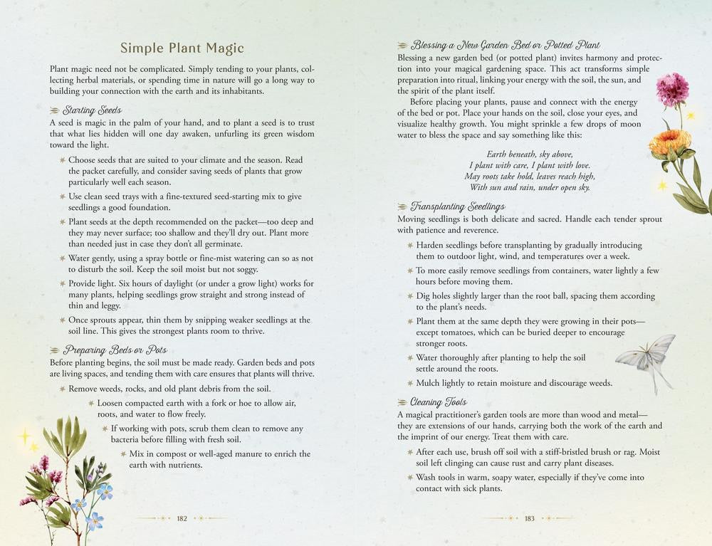 A printed page titled 'Simple Plant Magic' with columns of instructional text and small botanical illustrations, including flowers and leaves, on a white background.