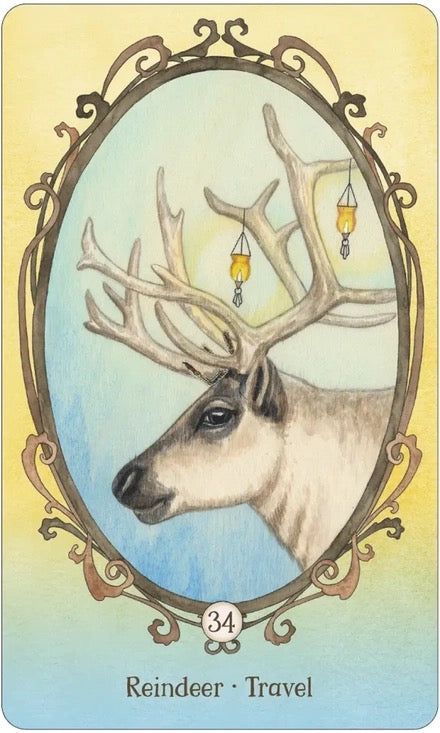 Illustration of a reindeer with decorative frame and lanterns in the background