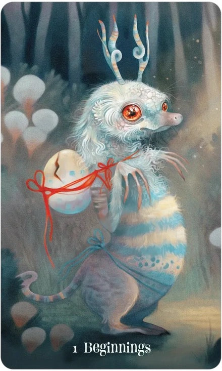 Fantasy creature with a red ribbon in a mystical forest setting, featuring the text '1 Beginnings'.