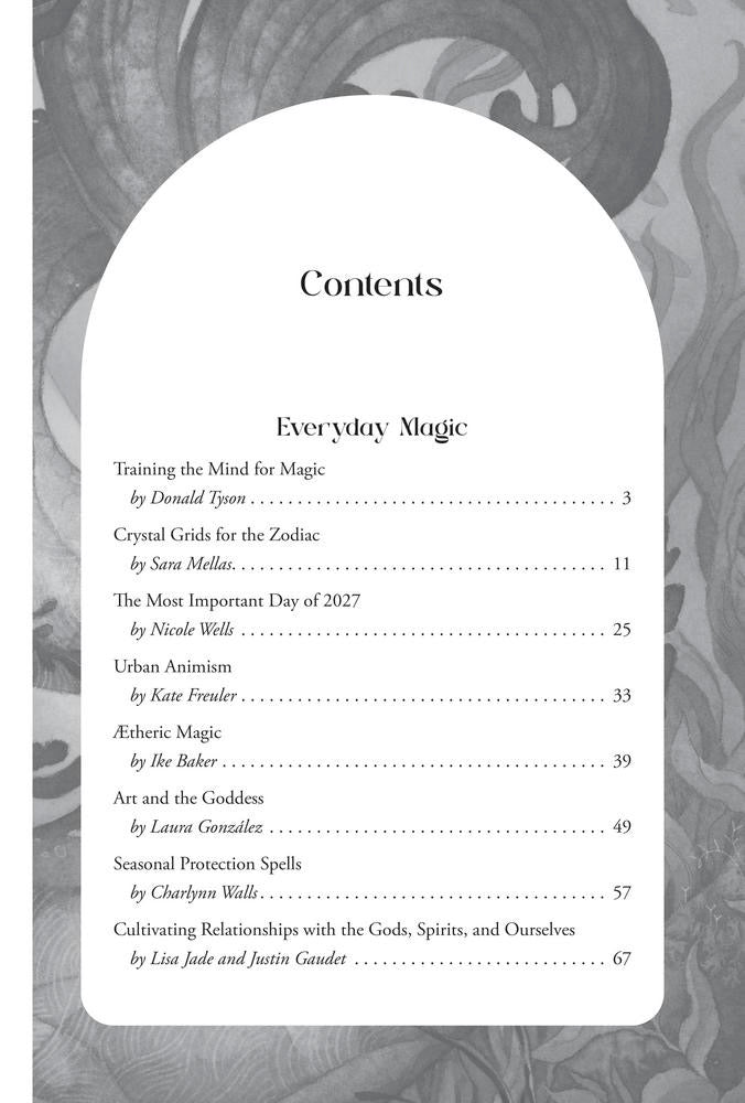 A grayscale book or booklet page showing the table of contents for a section titled 'Contents' under 'Everyday Magic,' with author names and page numbers listed in a white arched panel over a softly illustrated background.