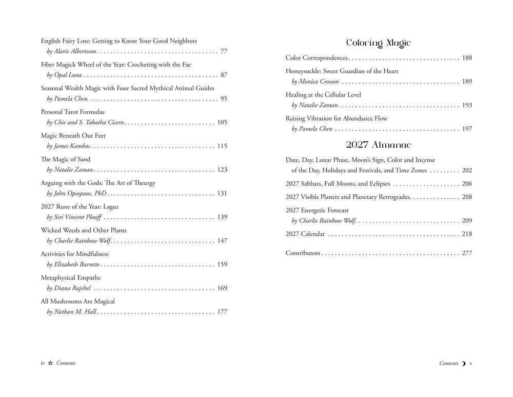 A printed page from a book or booklet showing a table of contents with black text on a white page, including headings like 'Coloring Magic' and '2017 Magic.'.