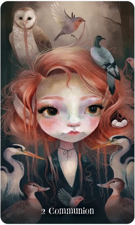 Artistic depiction of a girl with birds around her head and shoulders, titled '2 Communion'.
