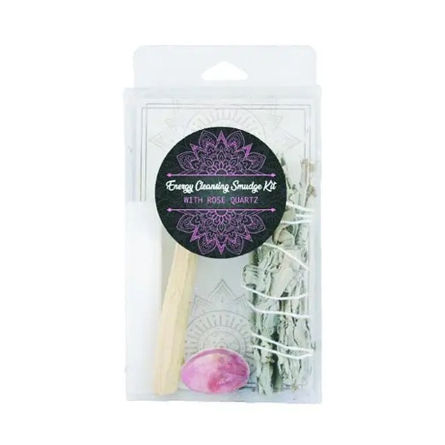 Smudge White Sage Selenite & Rose Quartz in a box on white background