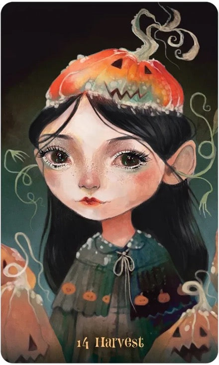 Illustration of a girl wearing a pumpkin hat with '14 Harvest' text on a dark background.