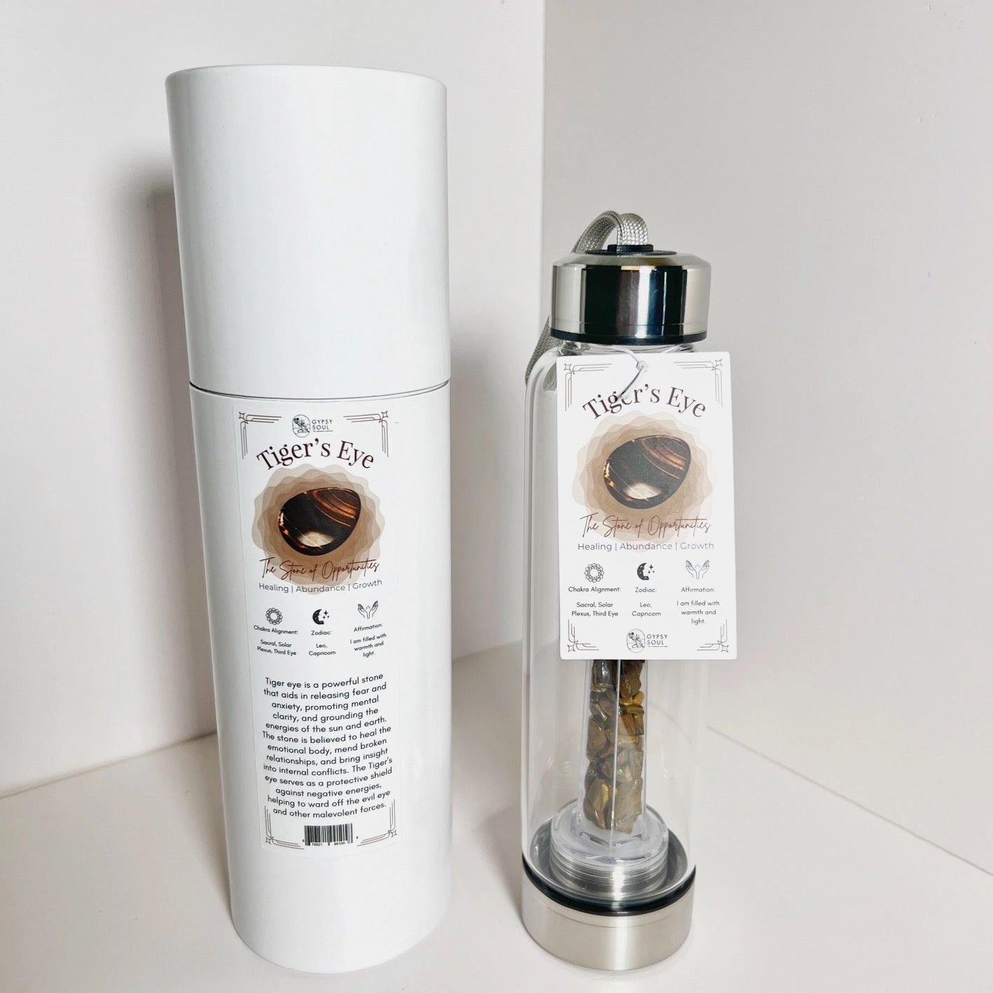 Tiger's Eye product with packaging on a white background