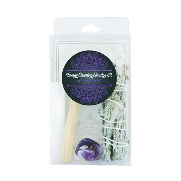 Smudge White Sage Selenite & Amethyst Quartz in a box on white 