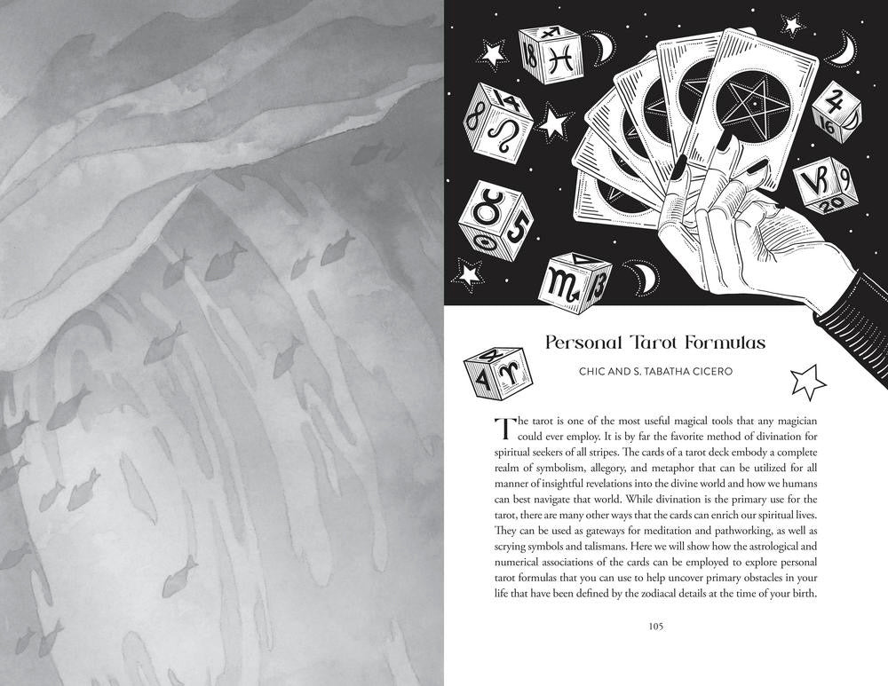 A book page spread showing a grayscale tarot card illustration on the left, a black-and-white illustration of hands holding tarot cards on the right, and a white text panel titled 'Personal Tarot Formulas' with body text below.