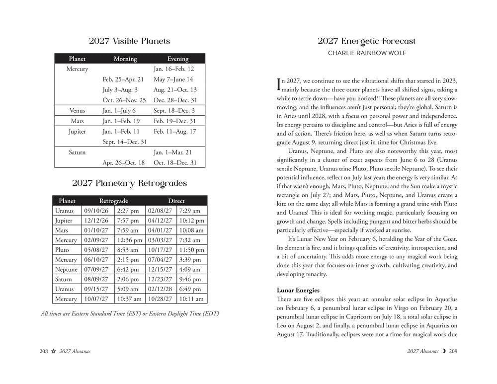 A printed informational page from 2027 Observer featuring celestial planet and retrograde tables, including planets like Jupiter, Venus, Mars, and Saturn with their rising and setting times, alongside a 2027 energetic forecast by Charlie Rainbow Wolf.