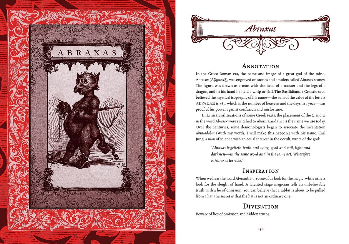 Magical book or tome with an illustration of a creature labeled 'Abraxas' on a red and black background.