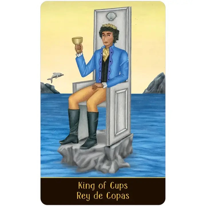 Card featuring a person in a blue suit sitting on a chair over water, holding a cup.